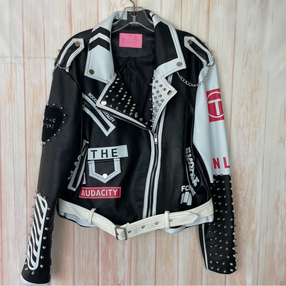 Azalea Wang Studded Black and White Graffiti Faux Leather Moto Jacket (1x)
